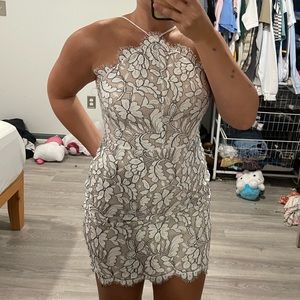 Lulus beige and ivory white halter eyelash lace mini bodycon dress🤍